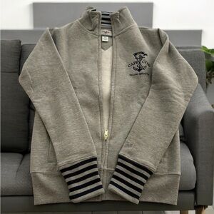 Gray Turtleneck Sweater with Striped Sleeves